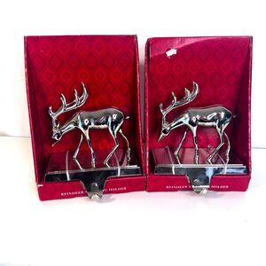 Reindeer Stocking Holder-Set of 2-NEW Silver Christmas 2003 Holiday Mantle Decor